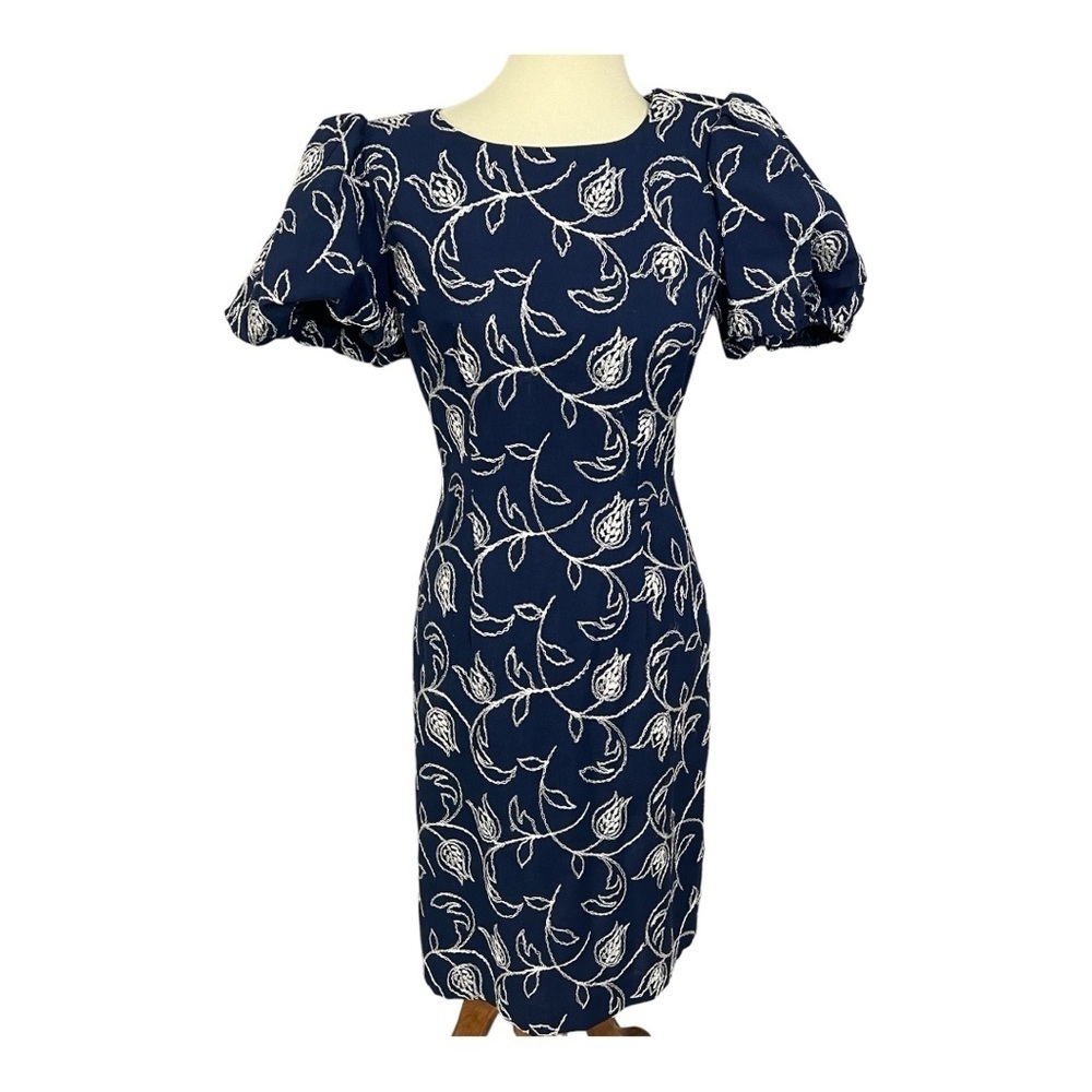 Vintage Blue Embroidered Puff Sleeve Dress Cottagecore Floral Coquette Preppy